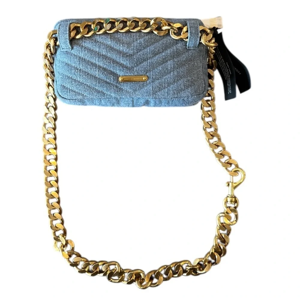Rebecca Minkoff Eddie Blue Denim Chevron Quilted Gold Chain Belt Bag NWT
